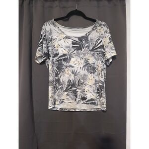 Basic Editions Tropical Leaf Print T Shirt, Women's Large Tee, Rhinestone Accent